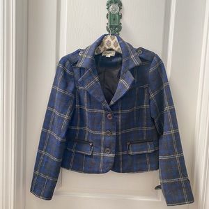 Forever 21 Black and Blue Plaid Lined Cropped Blazer Jacket Size Medium